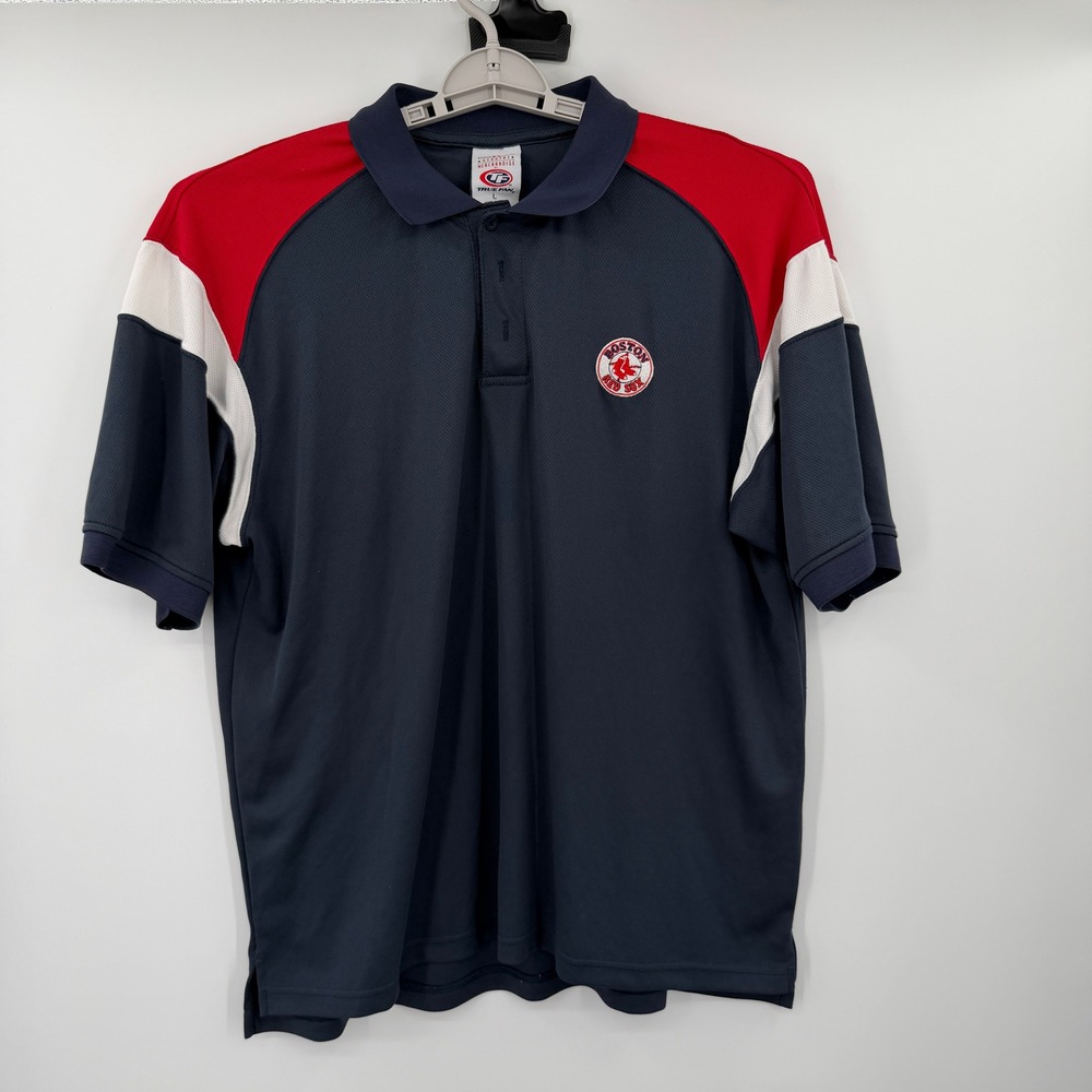 True Fan Boston Red Sox MLB Polo Shirt Mens Large Navy Blue Red Colorblock Mesh